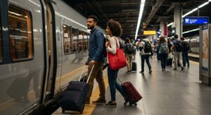 Couple boarding a train with their luggage
