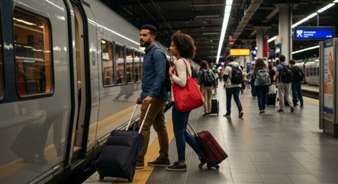 Couple boarding a train with their luggage