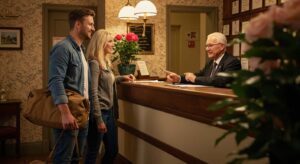 Couple checking into small hotel