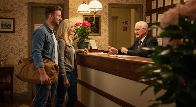 Couple checking into small hotel