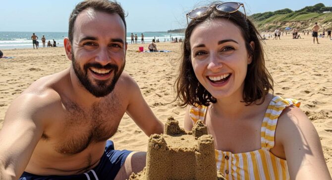 Couple having fun on a British beach