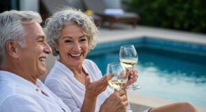 Sitting by the pool in rental villa